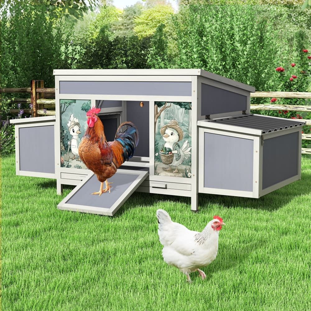 59″L Outdoor Wooden Chicken Coop With 2 Nesting Boxes, For 4 Chickens, Dark Gray