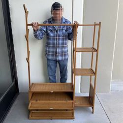 New In Box 41”W x 12”D x 63”H Garment Bamboo Shelf Rack Clothing Coat Stand With 2 Shelf Cabinet Shoe Rack 