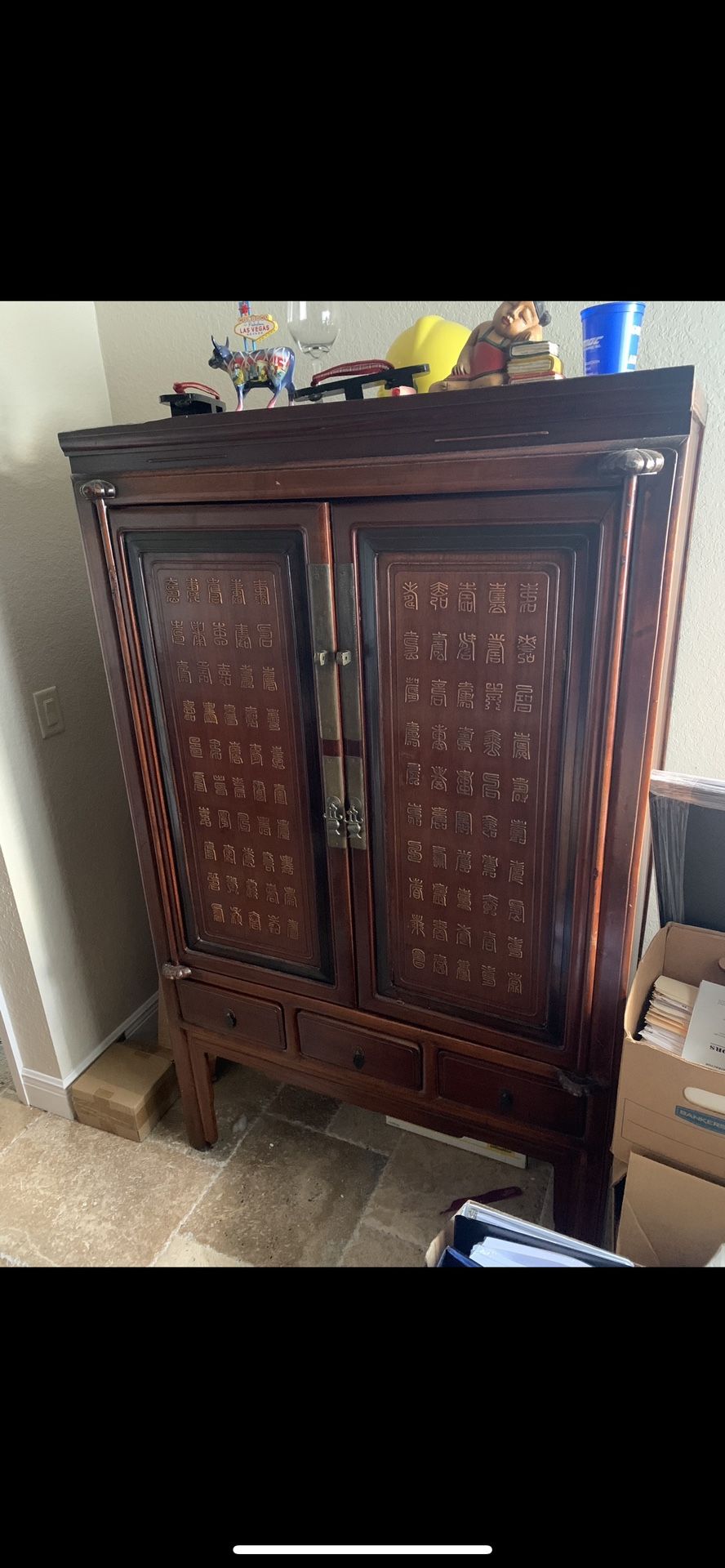 Antique Chinese 2-Toned Cabinet w Inlaid Calligraphy Motifs & Drawers