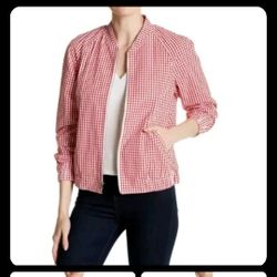 Anne Klein Size M Women's Red White fully lined Gingham  Bomber Light Jacket