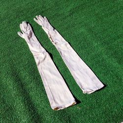 Vintage 1960s Over-The-Elbow Long Glamor Satin Ebony White Petite Small Gloves
