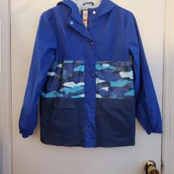 Cat & Jack Boys Rain Jacket Blue Wind Water Resistant, Zip & Snap, Size L