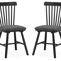Set of 2 LUE BONA Windsor Farmhouse Upholstered Kitchen Dining Chairs-Wooden w/Cushions-black & gray