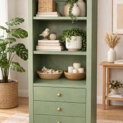 Sage Green Bookshelf with Drawers – Solid Wood 