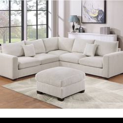 Brand New Ivory White Sectional Corduroy Fabric Free Ottoman 