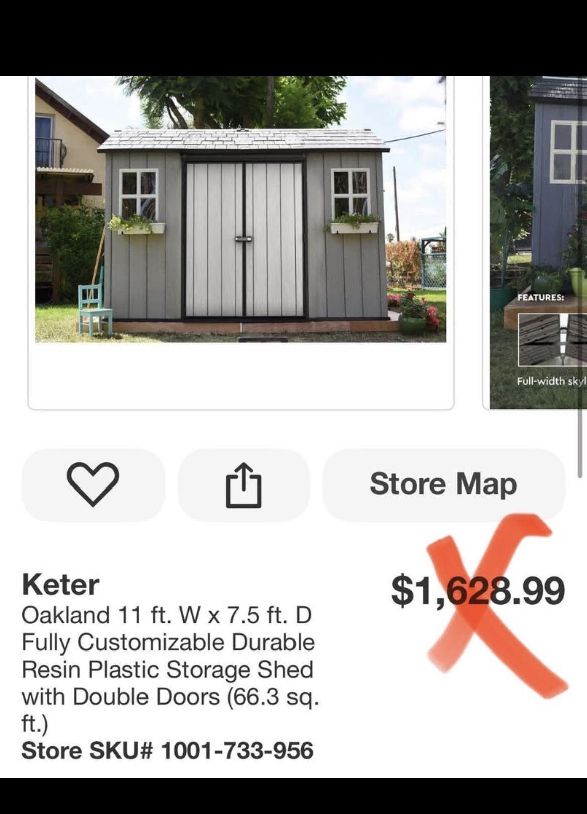 Keter Oakland 11 ft. W x 7.5 ft. D Fully Customizable Durable Resin Plastic Storage Shed with Double Doors (66.3 sq. ft.)