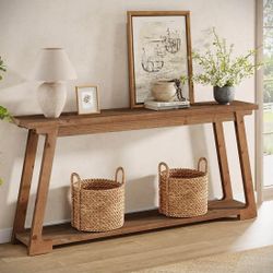 63" Console Table, Wood Sofa Table With 2-Tier Storage For Living Room, Retro Brown