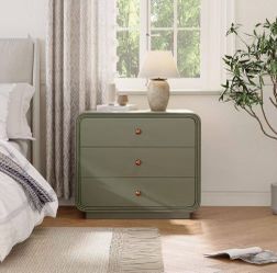 Creston Modern Olive Green 3-Drawer Curved-Edge Bedside Table Nightstand
