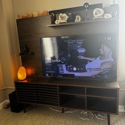 70.87" Freestanding Entertainment Center with Overhead shelf, Rustic Brown, Matte Black