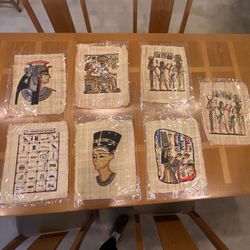 Set of 7 Hand Painted Egyptian Papyrus Art Prints