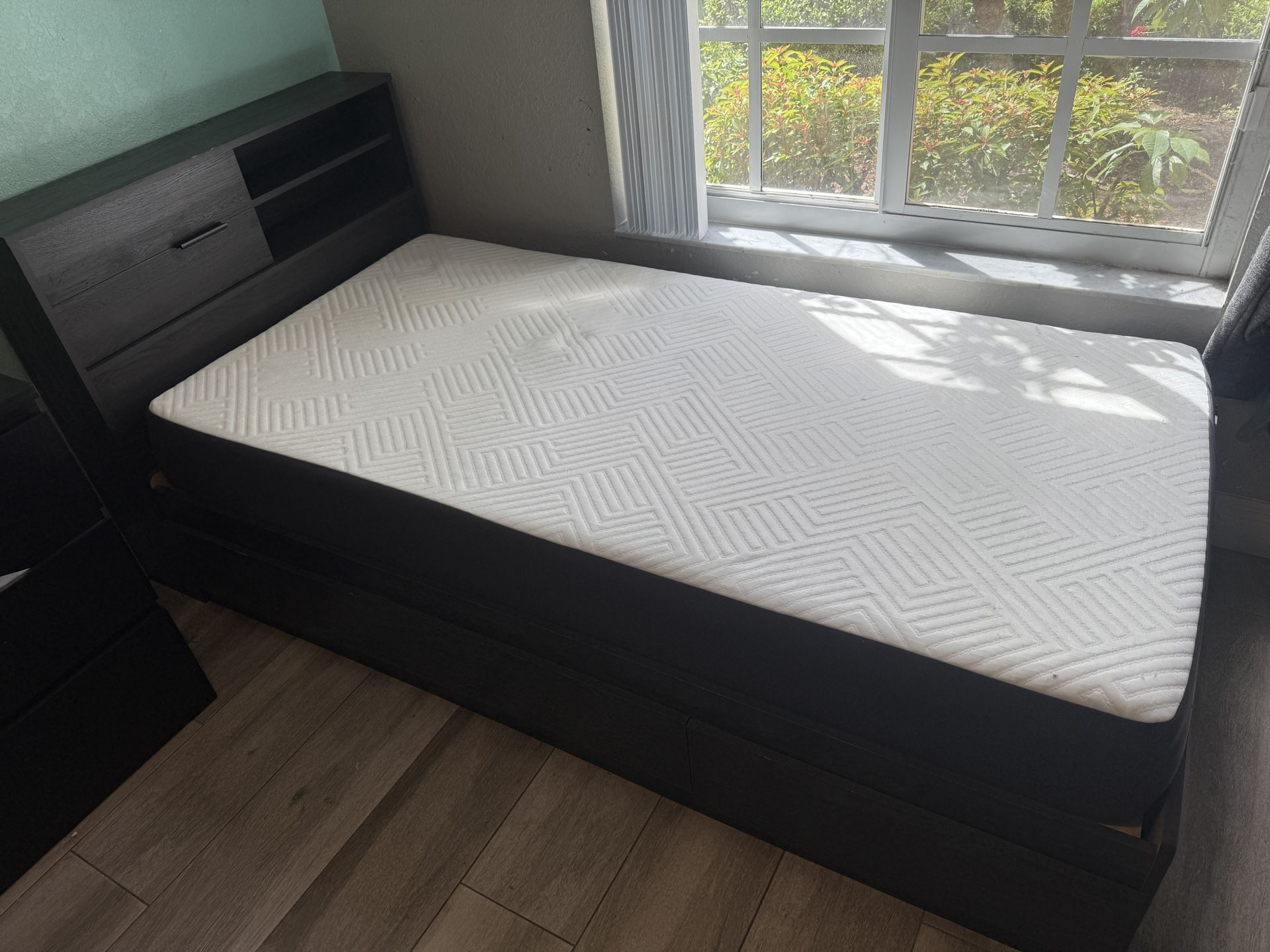 Single Bed Mattress, Book Case Headboard And Drawers