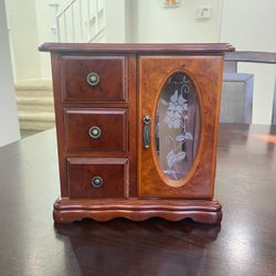 Vintage Wooden Jewelry Box Armoire with Glass Door & Drawer Storage