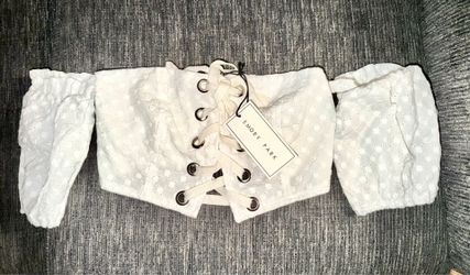 NWT Emory Park White Eyelet Lace-Up Crop Puff Sleeve Top - Size M