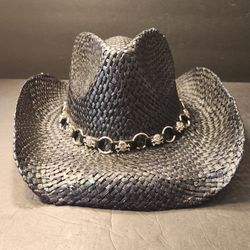 Peter Grimm Black Straw Cowboy Hat with Skull & Crossbones Band