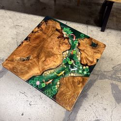 Hand Painted Koi And Wood Resin Coffee Table 