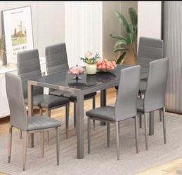 7 Piece Kitchen 6 Person, Tempered Glass Table and PU Leather Chairs Modern Dining Room Sets for Small Space, Grey