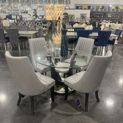 5 PIECE DINING ROOM SET WITH ROUND GLASS TABLETOP  