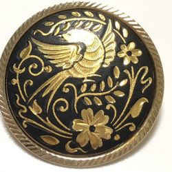 VTG Damascene Brooch/Pin Black & Gold Tone Bird & Flowers Vintage Jewelry