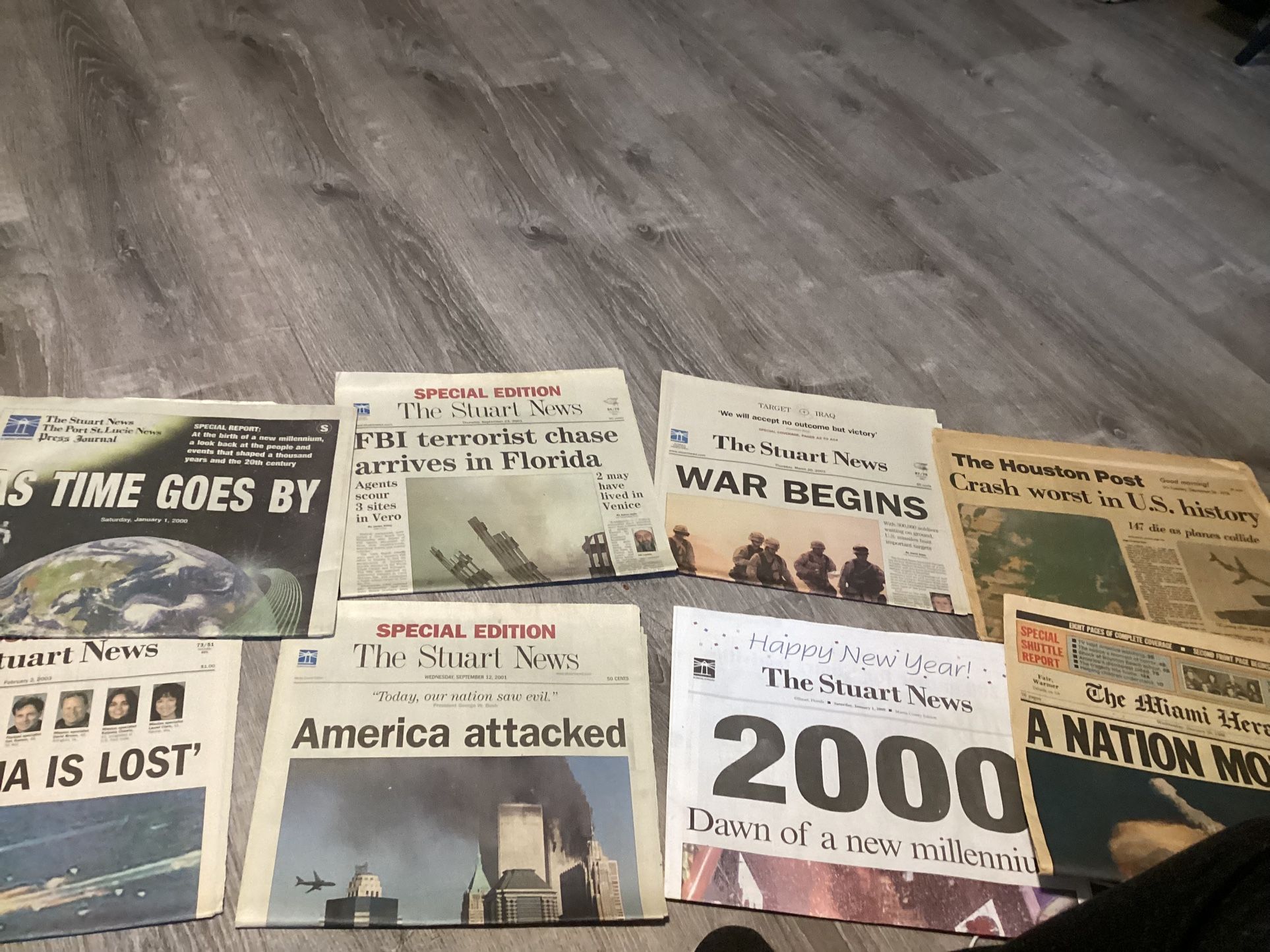 8 Vintage newspapers Houston,Miami,Stuart FL Columbia,Sept 11,2000 Millennium, Iraqi War,Challenger  $8