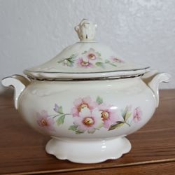 SUGAR BOWL WITH LID,  CREAM COLOR WITH PINK FLOWERS 