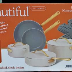 Beautiful 12 Piece Cookware Set. "Porcini Taupe" By Drew barrymore