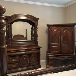 Bedroom Set-Queen Poster Bed, Armoire, Mirrored Chest, 2 Side Tables