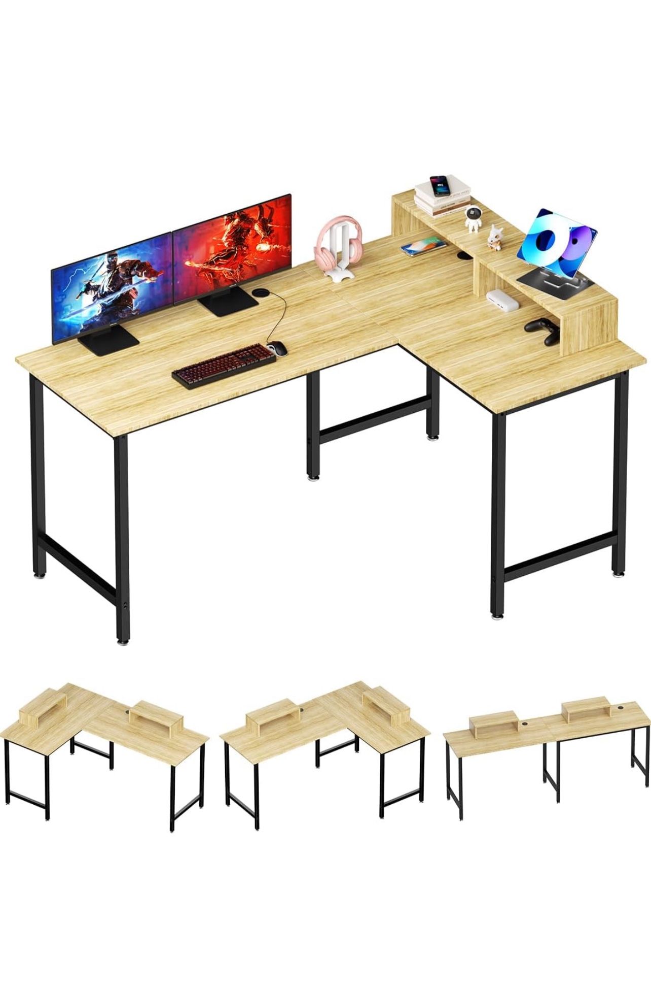 Brand new MINOSYS L Shaped Computer Desk - 58" Gaming Desk, Reversible Corner Desk, Home Office Writing Desk with Monitor Stand Shelf, Space-Saving Mo