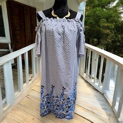 London Times Cold Shoulder Blue & White Striped Embroidered Flower Dress Size 10