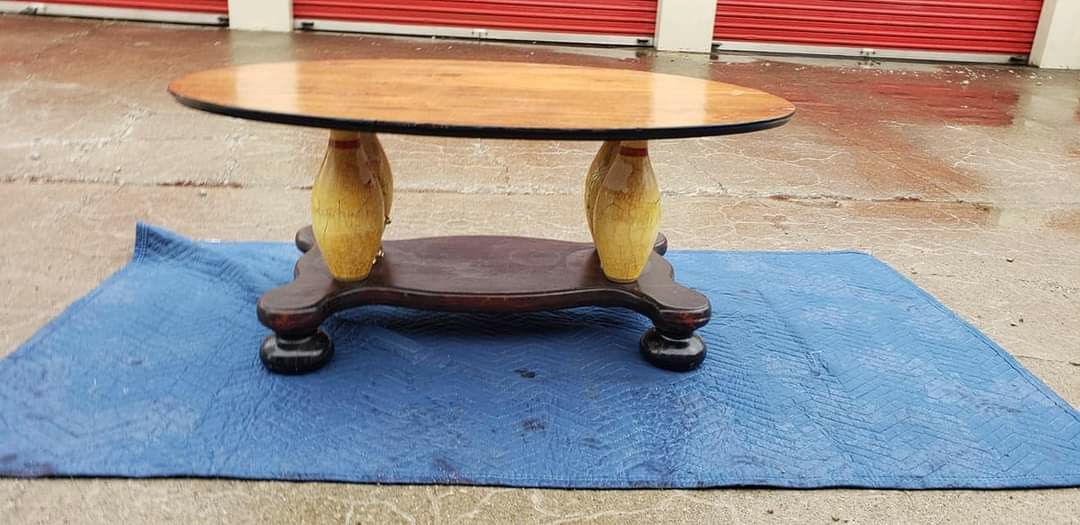 Antique Wood 2 Tone Coffee Table - Customized with Bowling Pin Legs