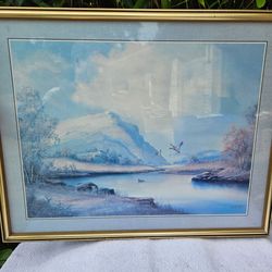 Framed Landscape Painting with Ducks