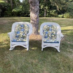 $100  FOR BOTH!! WHITE WICKER ROCKING CHAIRS W/ CUSHIONS 