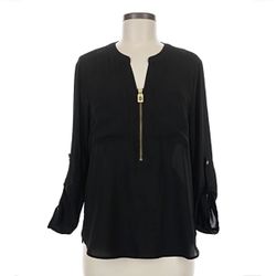 Michael Kors Black Crepe Zip Front Roll Tab Sleeve Blouse with Pockets Size XL