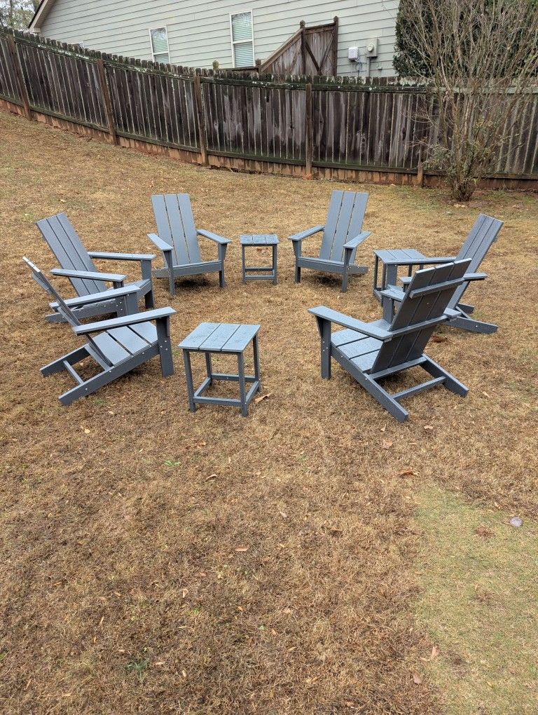 BRAND NEW Polywood Type Material Gray Adirondack Set With 6 Chairs And 3 Tables 
