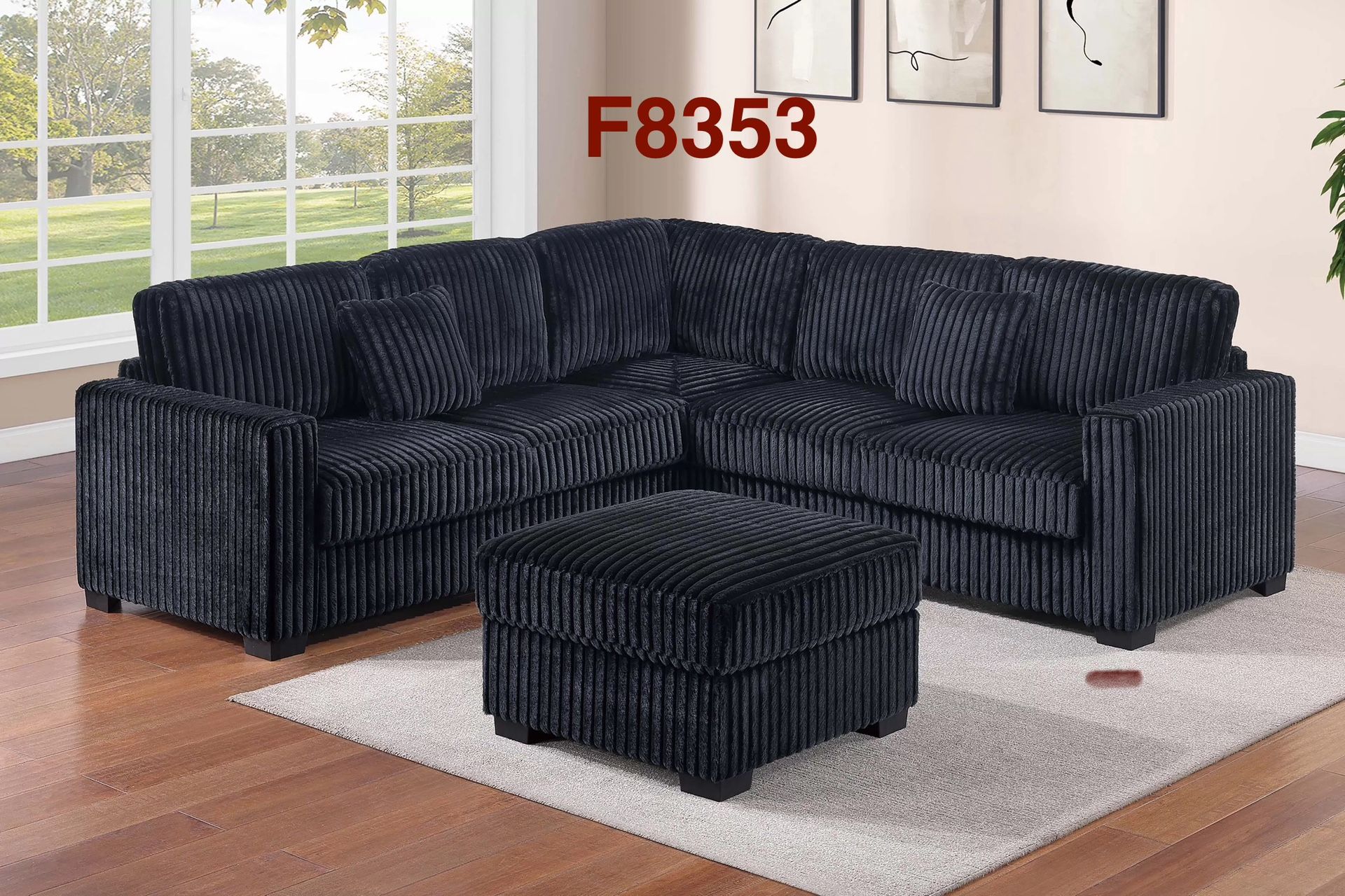 BLACK CORDUROY 99x99 SECTIONAL WITH OTTOMAN