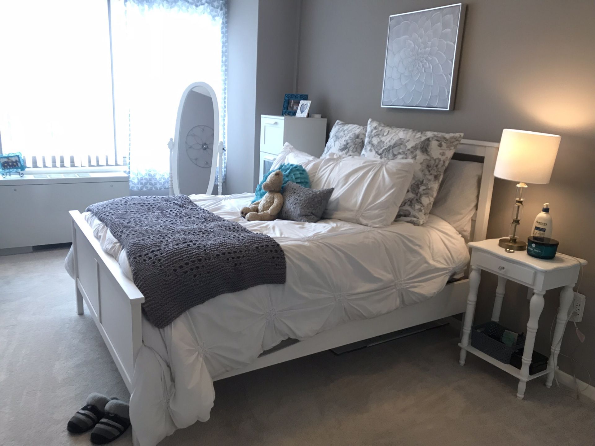 White IKEA full bed frame and mattress