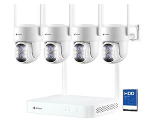 Kittyhok Wireless Security Camera System, 2K PTZ Dual Lens Outdoor Cameras 4-Cam Kit, Security Camera with 10X Zoom, WiFi6 2.4G/5G, Auto Tracking, Hum