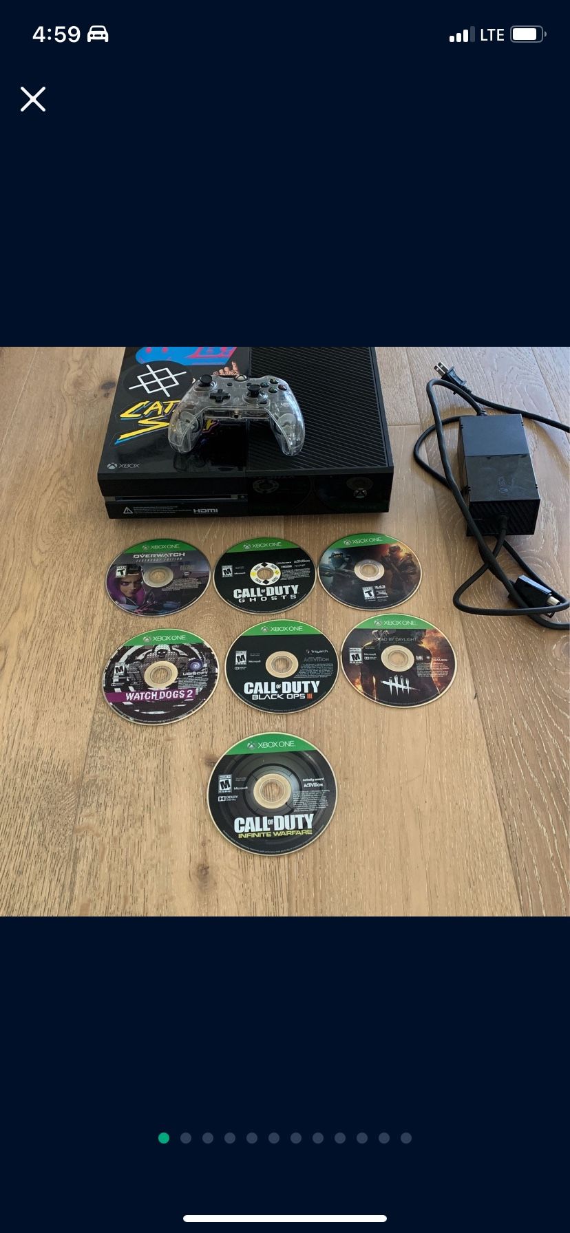 Broken Xbox One, Games, Power Cord, and Wired Controller