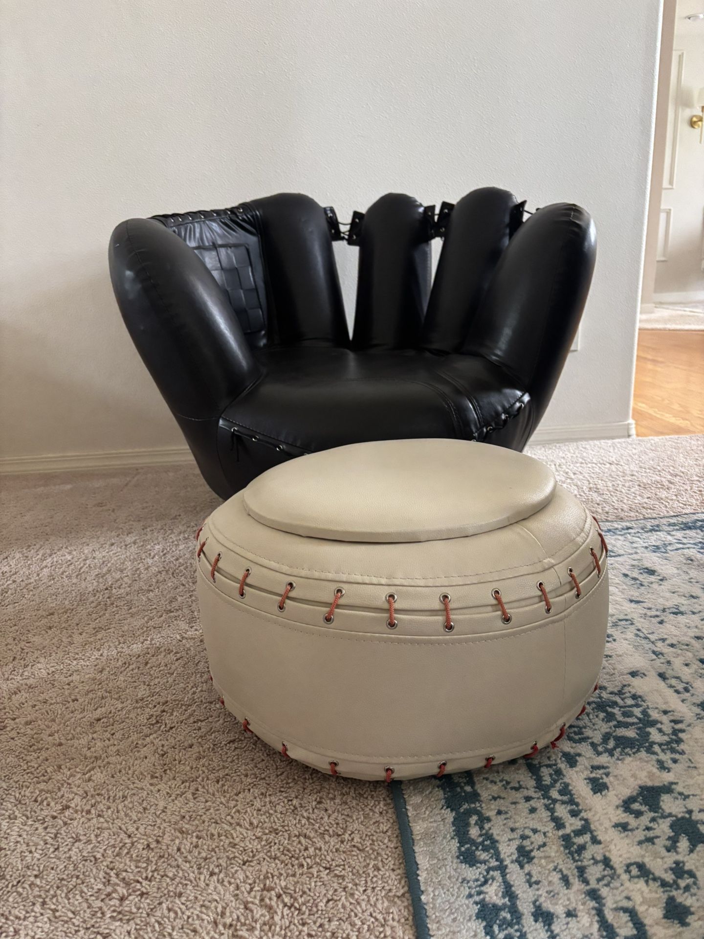 Baseball glove chair, and ottoman