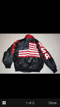 Black leather motorcycle jacket with American flag on the back in size medium