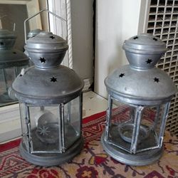 2 Adorable Vintage/Antique Galvanized Metal/Pewter Lead Glass Lanterns