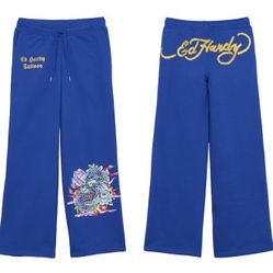 Ed Hardy Tiger Lotus Tattoo Flare Fleece sweat Pant Track Jogger Womens - Size L