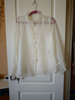 Elegant 100% Mulberry Silk Ivory Sheer Ruffle Collar Blouse