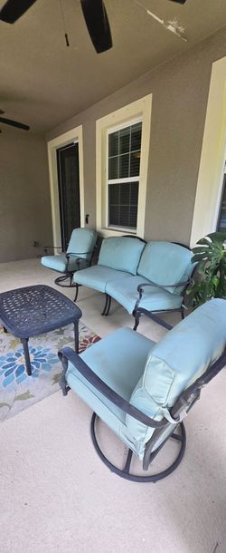 4-Piece Wrought Iron Outdoor Patio Set with Aqua Blue Cushions