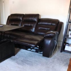 Brown Leather Sofa W/USB Ports And Recliners