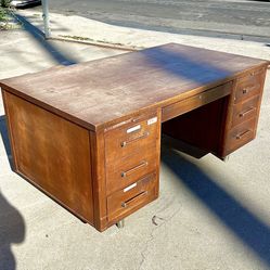 Vintage Mid Century Modern Wood Tanker Office Desk 