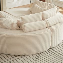 78.5-inch Corduroy Round Oversized Recliner, Converts into Two Recliners, 2-In-1 Sofa Bed, Neck Pillow Design With Five Throw Pillows