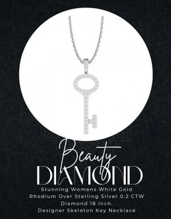 Stunning Womens White Gold Rhodium Over Sterling Silver 0.2 CTW Diamond 18 Inch Designer Skeleton Key Necklace