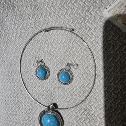 Turquoise Stone Necklace & Earring Set – Boho Silver-Tone