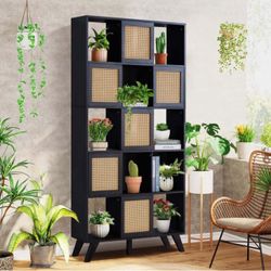 Black Bookcase with Rattan Door Panels