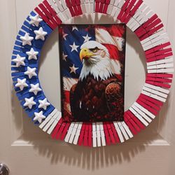 4th Of July Eagle Handmade, Hand Painted  18 Inch Clothes Pin Wreath 